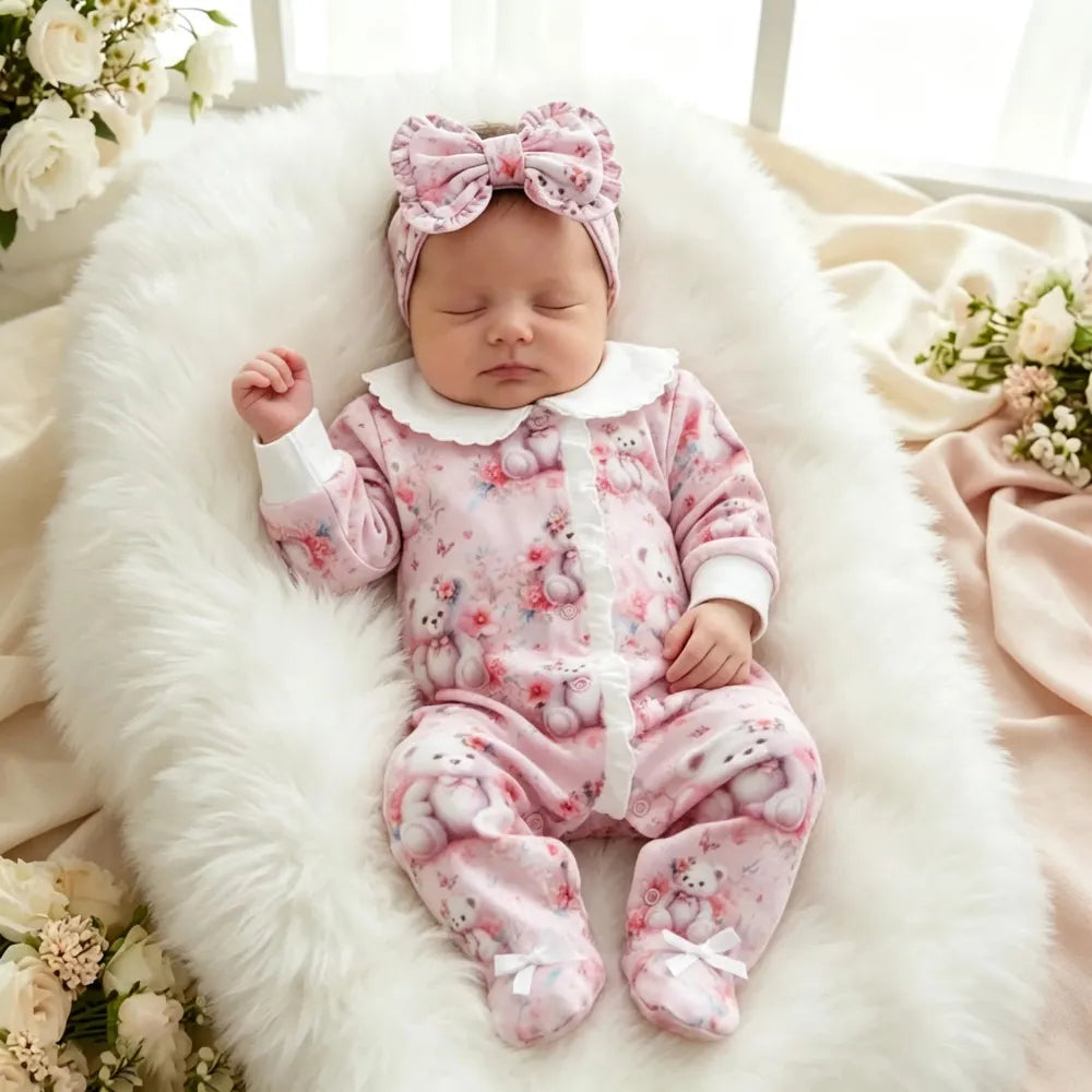 2PCS Lovely Teddy Bear Floral Print Long Sleeve Baby Jumpsuit