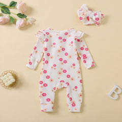 2PCS Sweet Floral Printed Ruffle Decor Long Sleeve Baby Jumpsuit