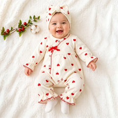 2PCS Delightful Heart Print Long Sleeve Ruffle Baby Jumpsuit