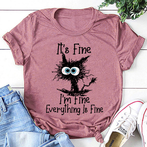 Está tudo bem, estou bem, camiseta com slogan feminino com estampa de gato