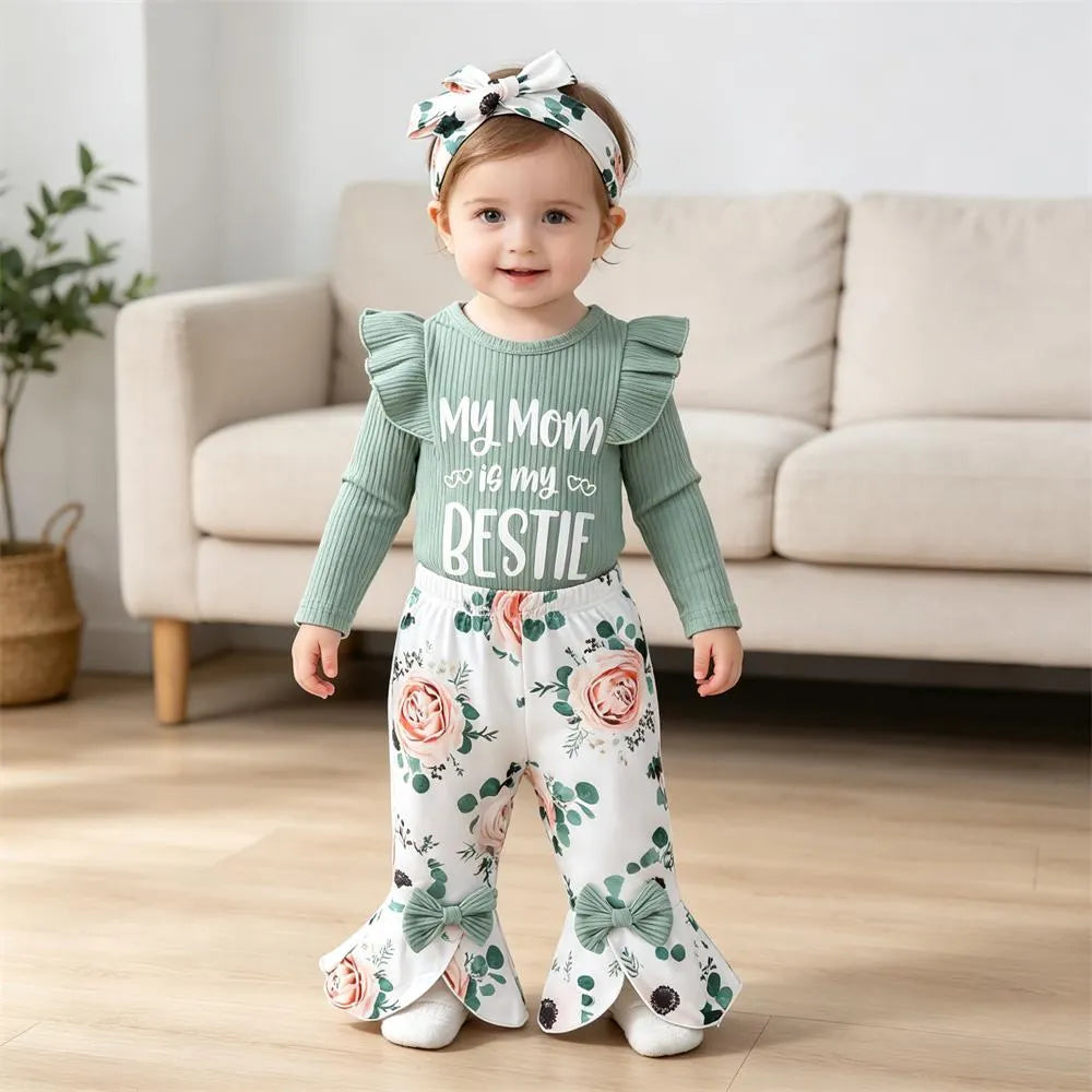 3PCS My Mom Is My Bestie Letter Floral Print Baby Set
