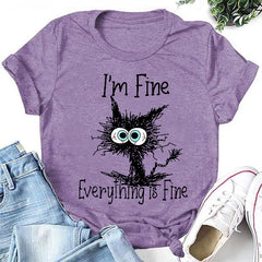 I'm Fine Everything Is Fine Cat Print Women Slogan T-Shirt