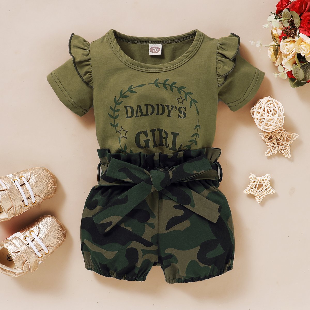 2PCS Daddy's Girl Ruffle Shoulder Top With Camouflage Shorts Baby Set