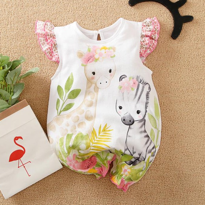 Cartoon Giraffe With Zebra Printed Baby Romper