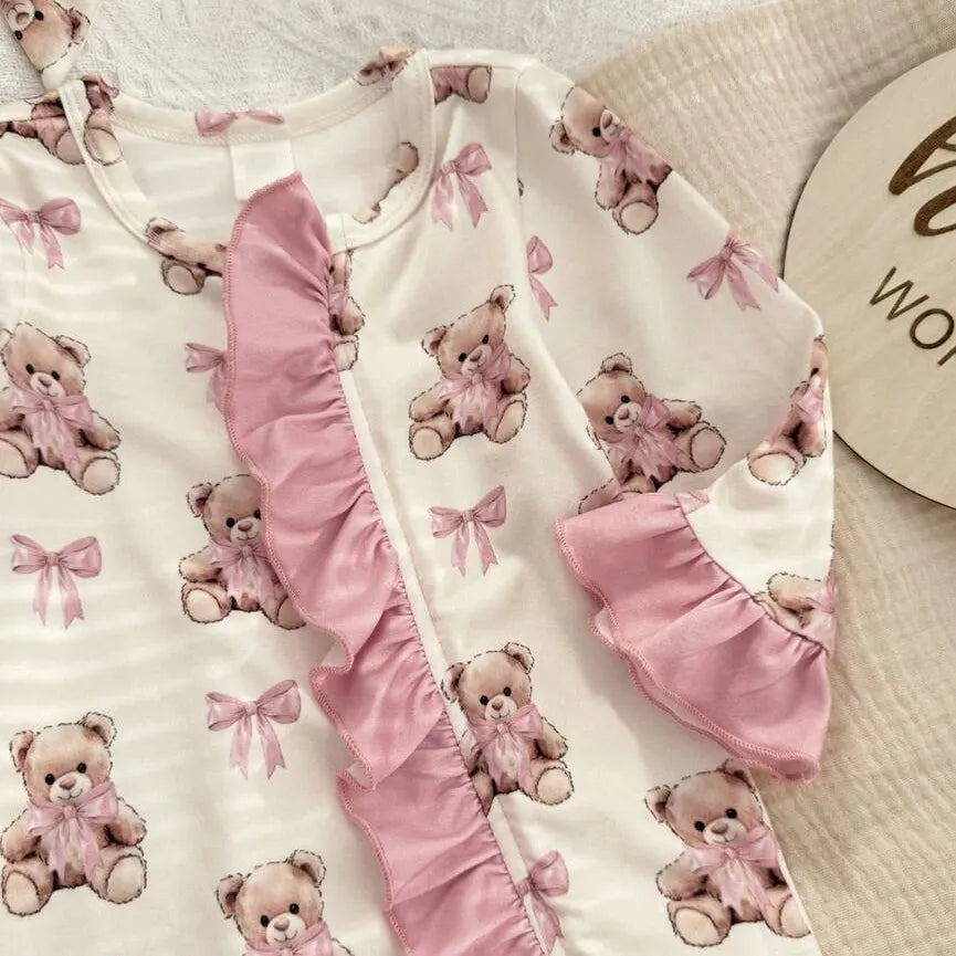 2PCS Gorgeous Bear Print Ruffle Zipper Baby Jumpsuit