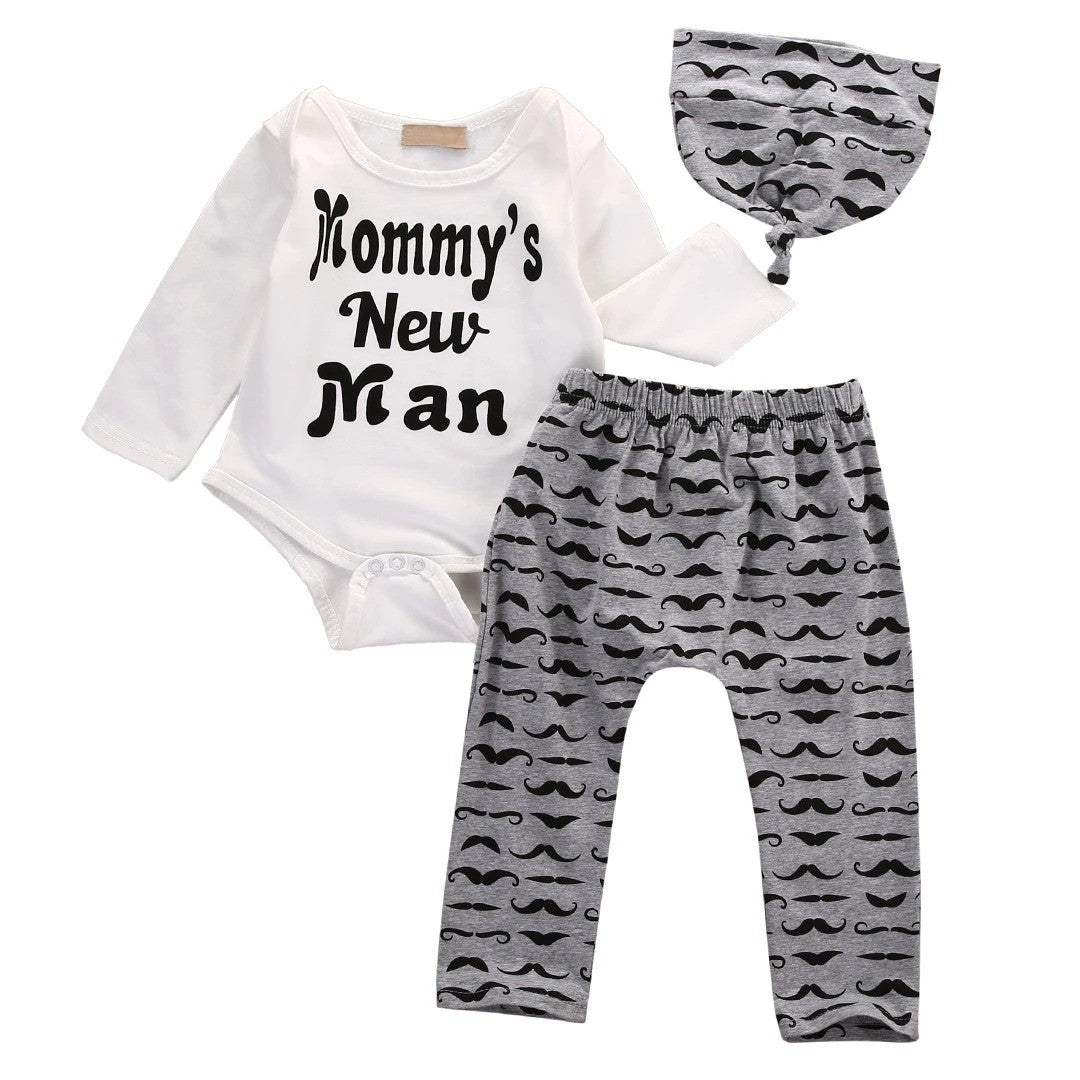 3PCS Baby Boy Mommy's New Man Printed Baby Set