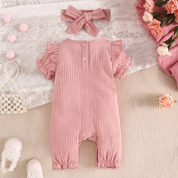 2PCS Pretty Solid Color Floral Embroidery Baby Jumpsuit