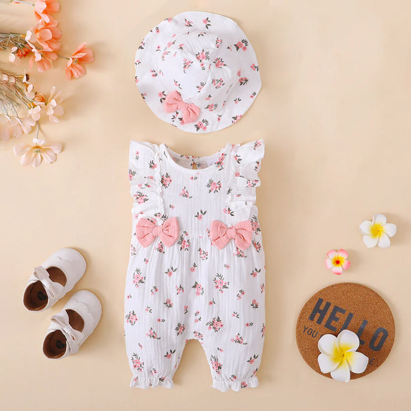 2PCS Pretty Floral Printed Baby Sleeveless Jumpsuit