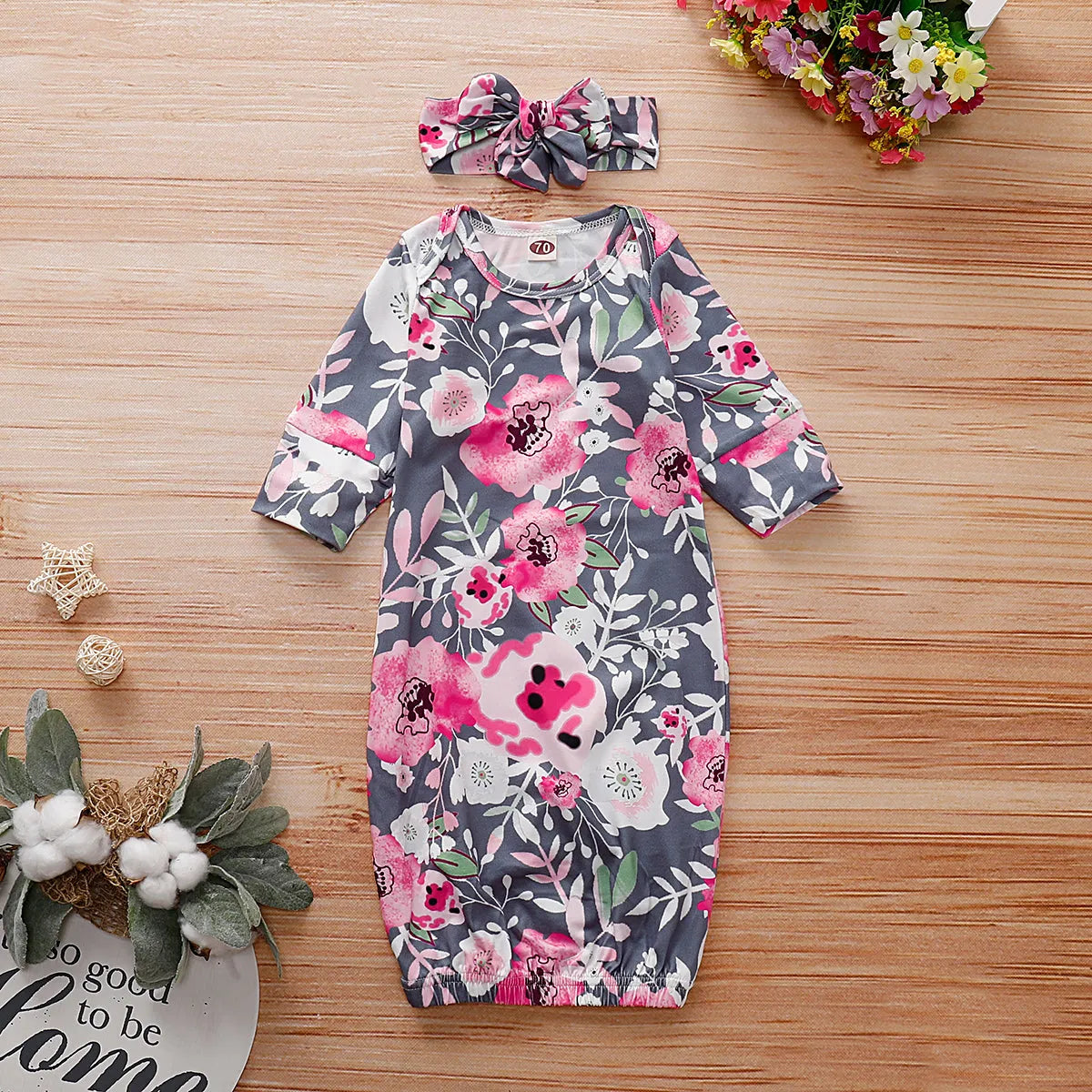 2PCS Baby NewBorn Lovely Floral Print Pajamas and Headband