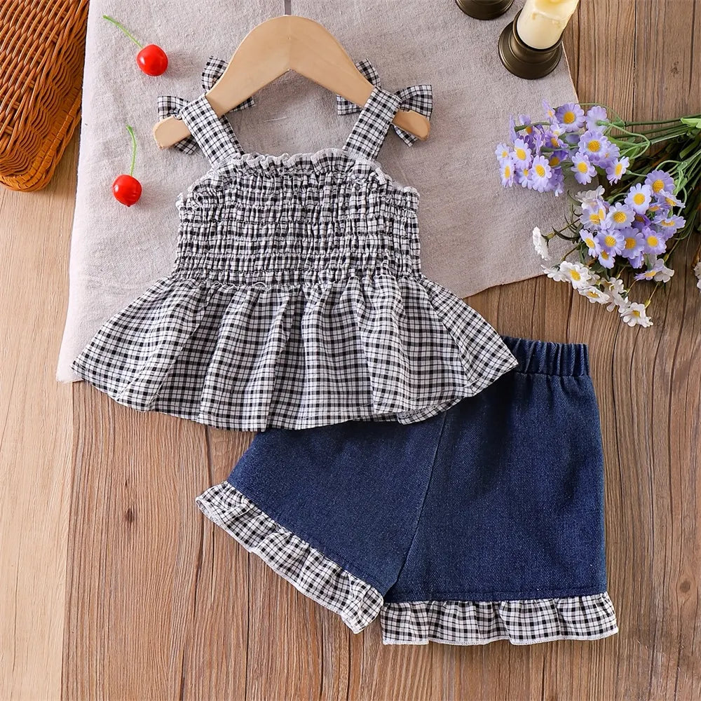 2PCS Sweet Cherry Embroidery Plaid Print Denim Baby Set
