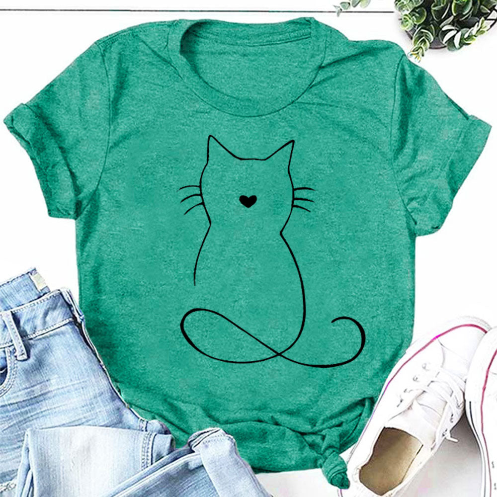 Camiseta de manga curta com estampa de gato e gola redonda 