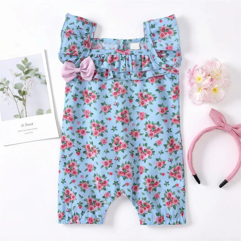 Graceful Floral Printed Flutter Sleeve Baby Jumpsuit