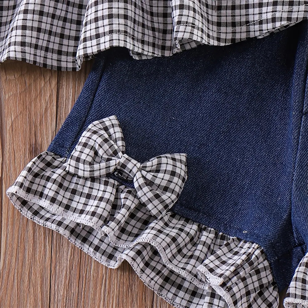 2PCS Sweet Cherry Embroidery Plaid Print Denim Baby Set