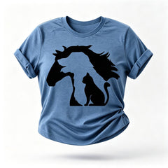 Camiseta com slogan feminino com estampa de cavalo, cachorro e gato adorável