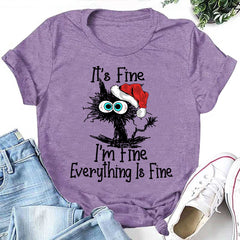 Funny Black Cat Christmas It's Fine Letter Print Women Slogan T-Shirt