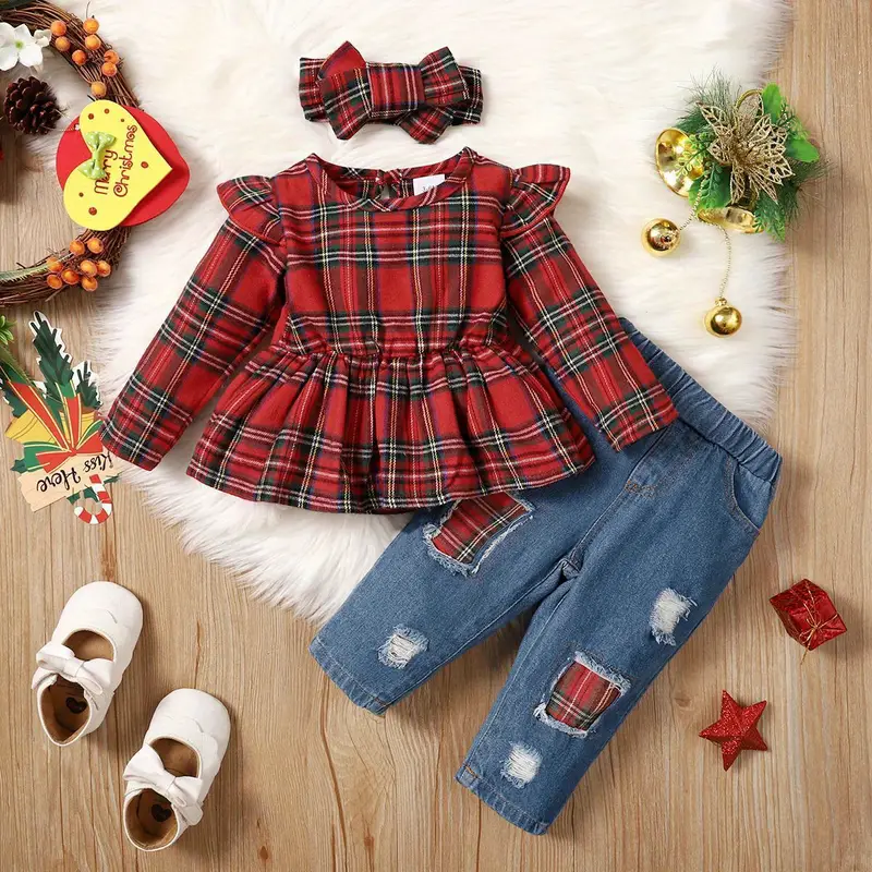 3PCS Christmas Plaid Printed Baby Set