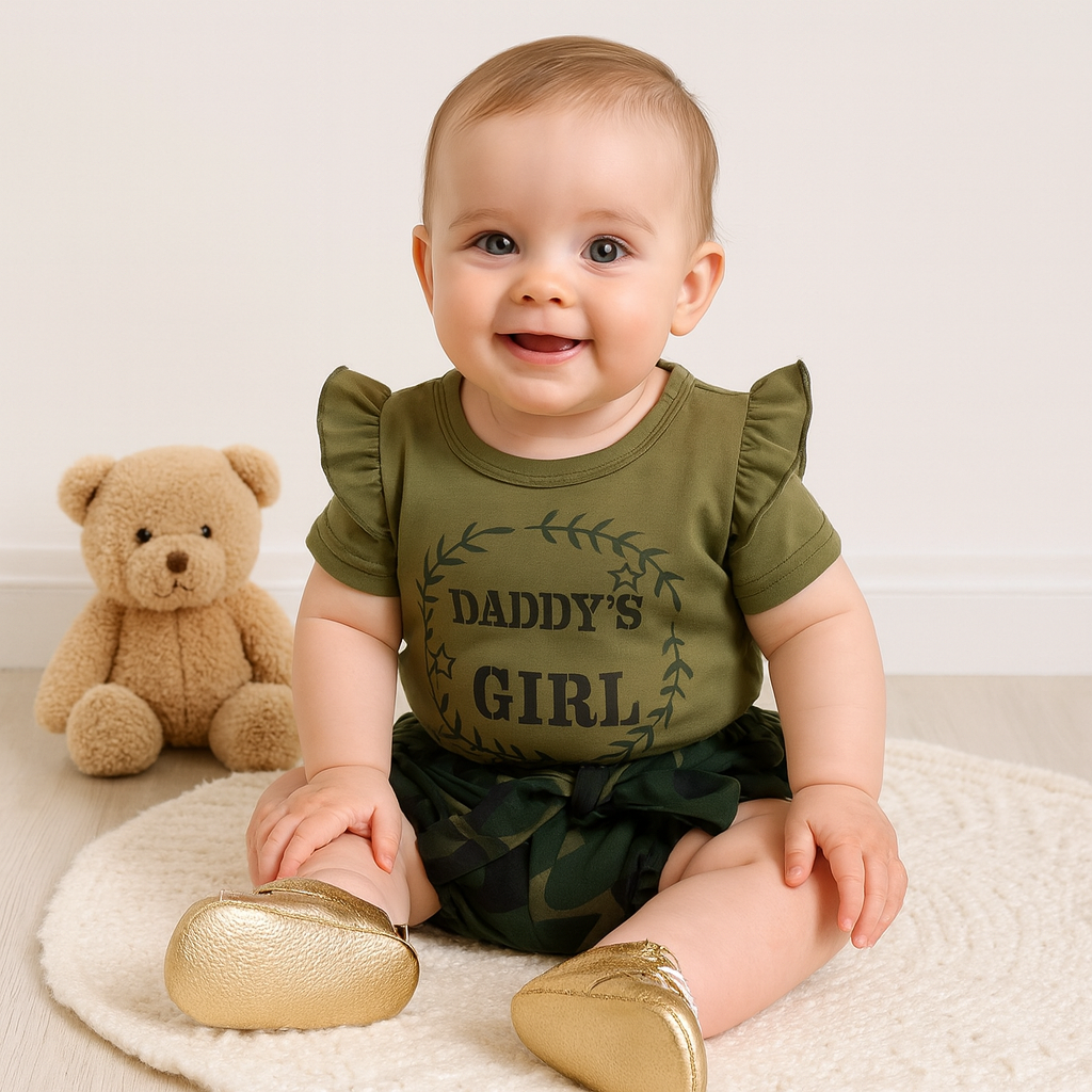 2PCS Daddy's Girl Ruffle Shoulder Top With Camouflage Shorts Baby Set