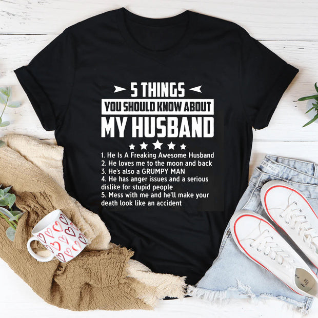 5 Things You Should Know About My Husband Letter Printed Women Slogan T-Shirt