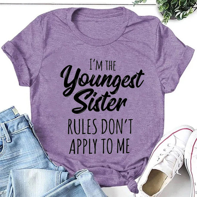 Eu sou a irmã mais nova moda carta impressa camiseta feminina com slogan 