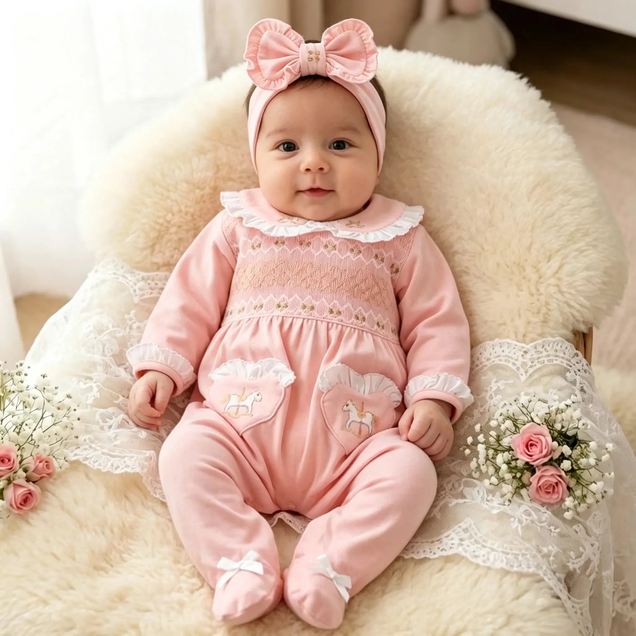 2PCS Solid Color Rocking Horse Appliqué Long Sleeve Baby Jumpsuit