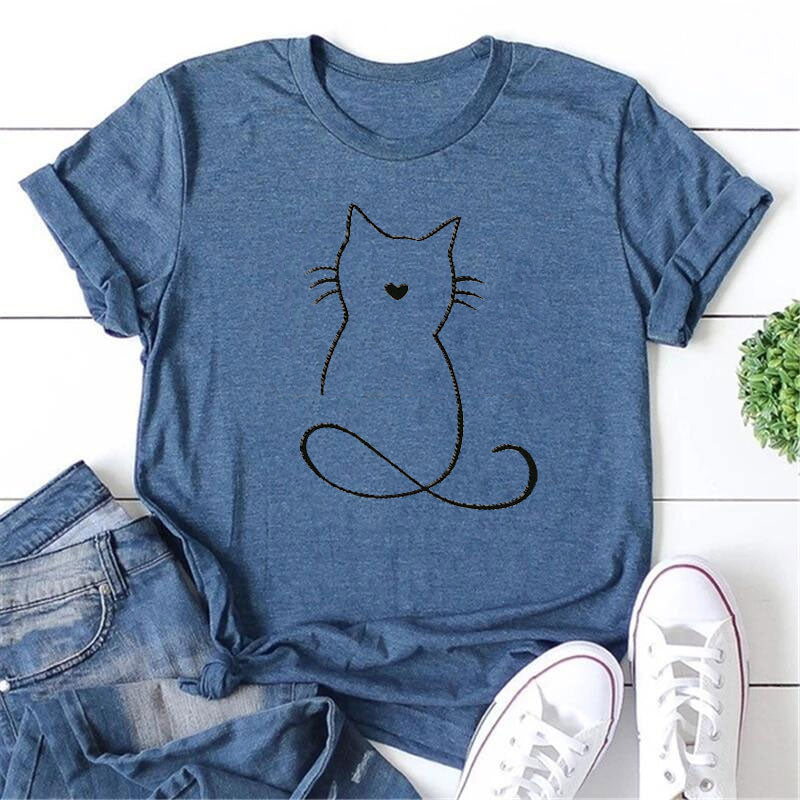 Camiseta de manga curta com estampa de gato e gola redonda 