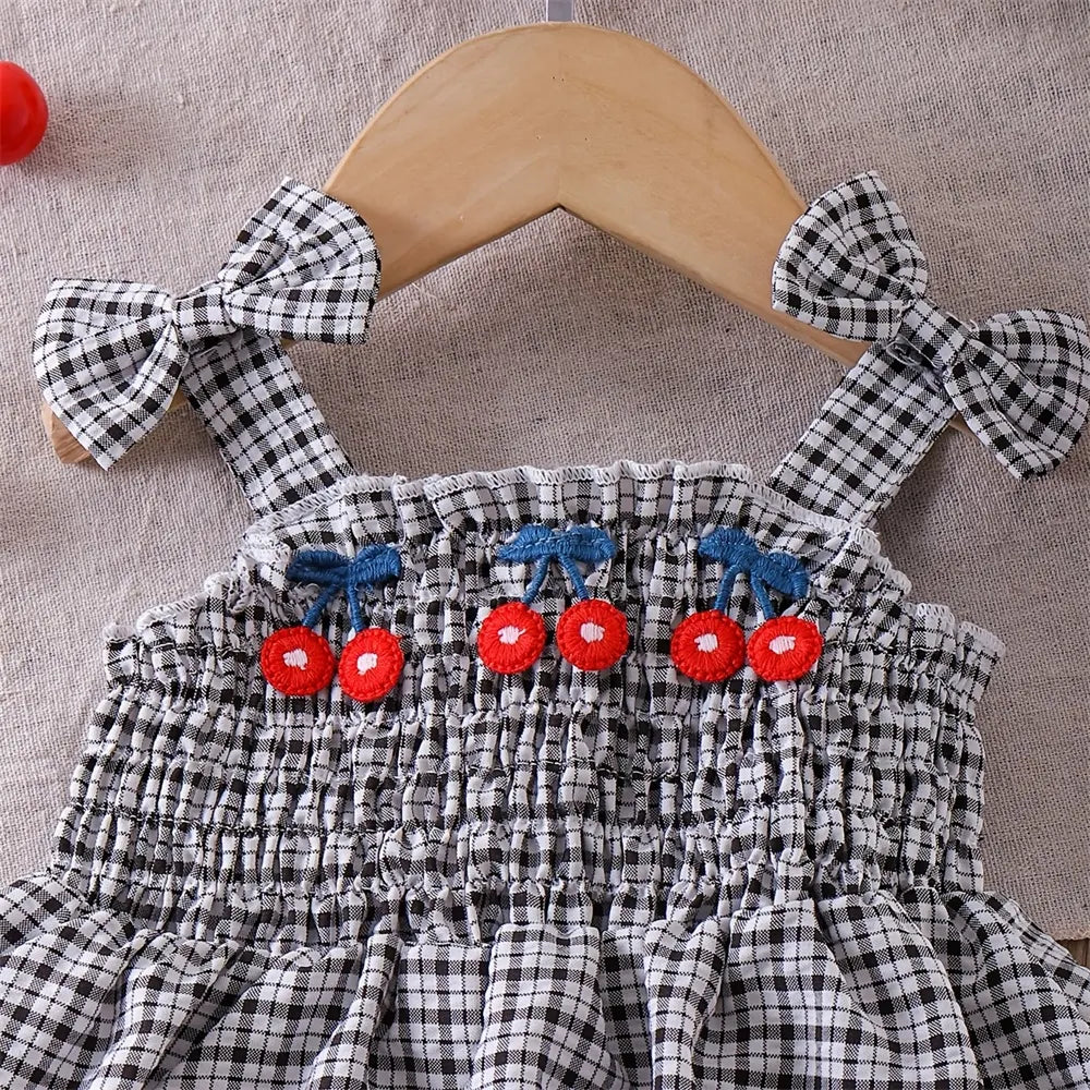 2PCS Sweet Cherry Embroidery Plaid Print Denim Baby Set