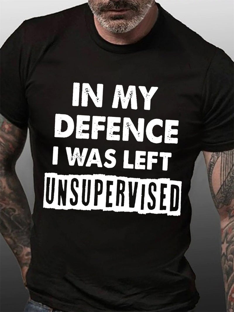 Em minha defesa, fui deixado com estampa de camiseta masculina com slogan 