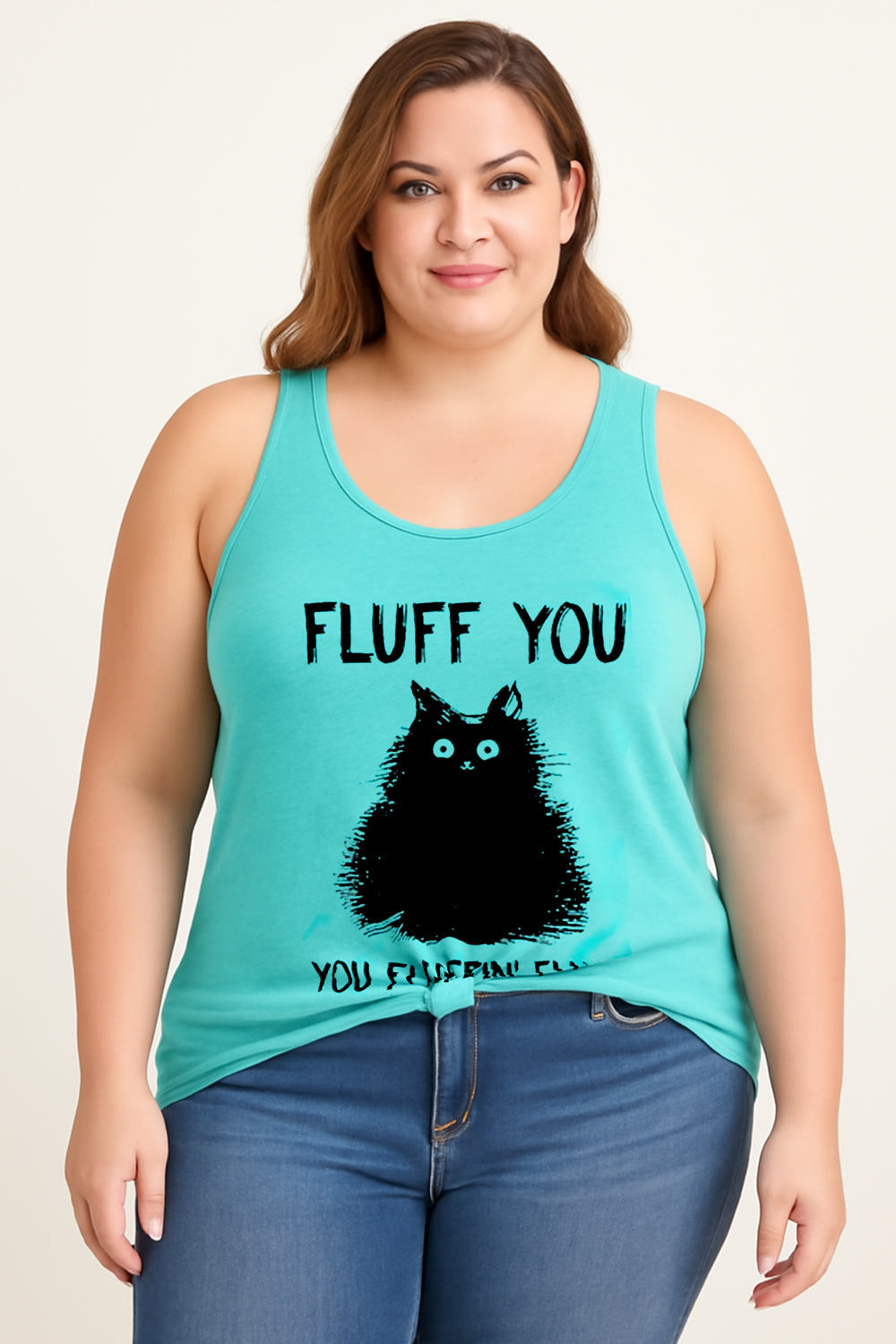 Fluff You Cat Print Women Slogan Plus Size Tank Top