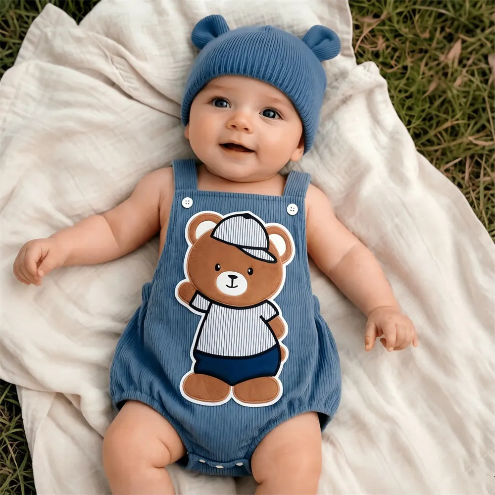 2PCS Casual Bear Embroidery Sleeveless Baby Romper