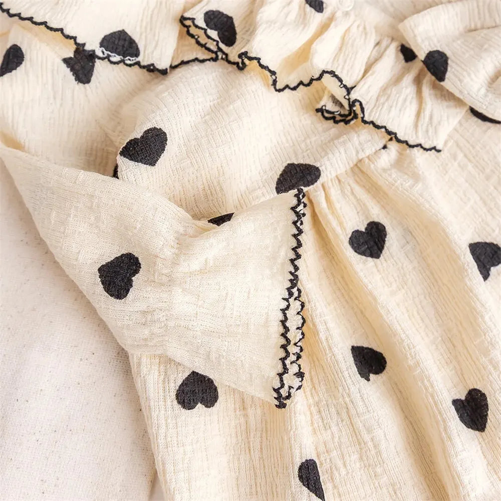 2PCS Grace Heart Print Ruffle Decor Long Sleeve Baby Jumpsuit