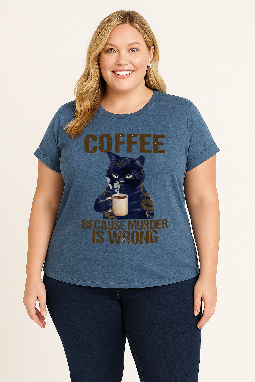 Cat Drinking Coffee Graphic Print Plus Size T-shirt