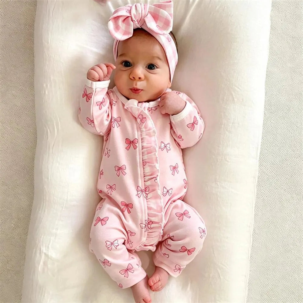 2PCS Graceful Bow Printed Zipper Long Sleeve Baby Jumpsuit