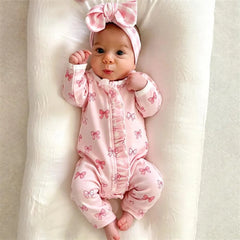 2PCS Graceful Bow Printed Zipper Long Sleeve Baby Jumpsuit