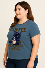 Cat Drinking Coffee Graphic Print Plus Size T-shirt