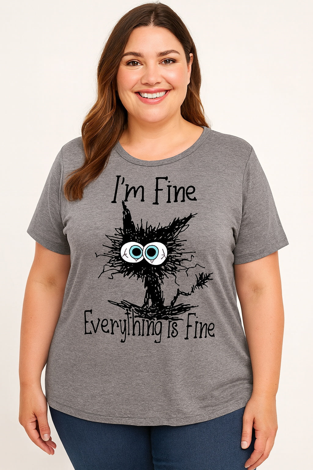 I'm Fine Everything Is Fine Cat Print Women Slogan Plus Size T-shirt