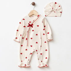 2PCS Delightful Heart Print Long Sleeve Ruffle Baby Jumpsuit