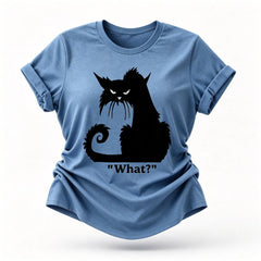 O que? Linda camiseta com slogan feminino com estampa de gato irritado