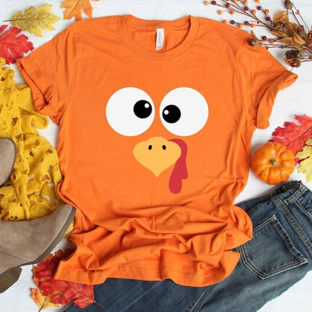 Women Lovely Thanksgiving Turkey Printed Cotton T Shirt