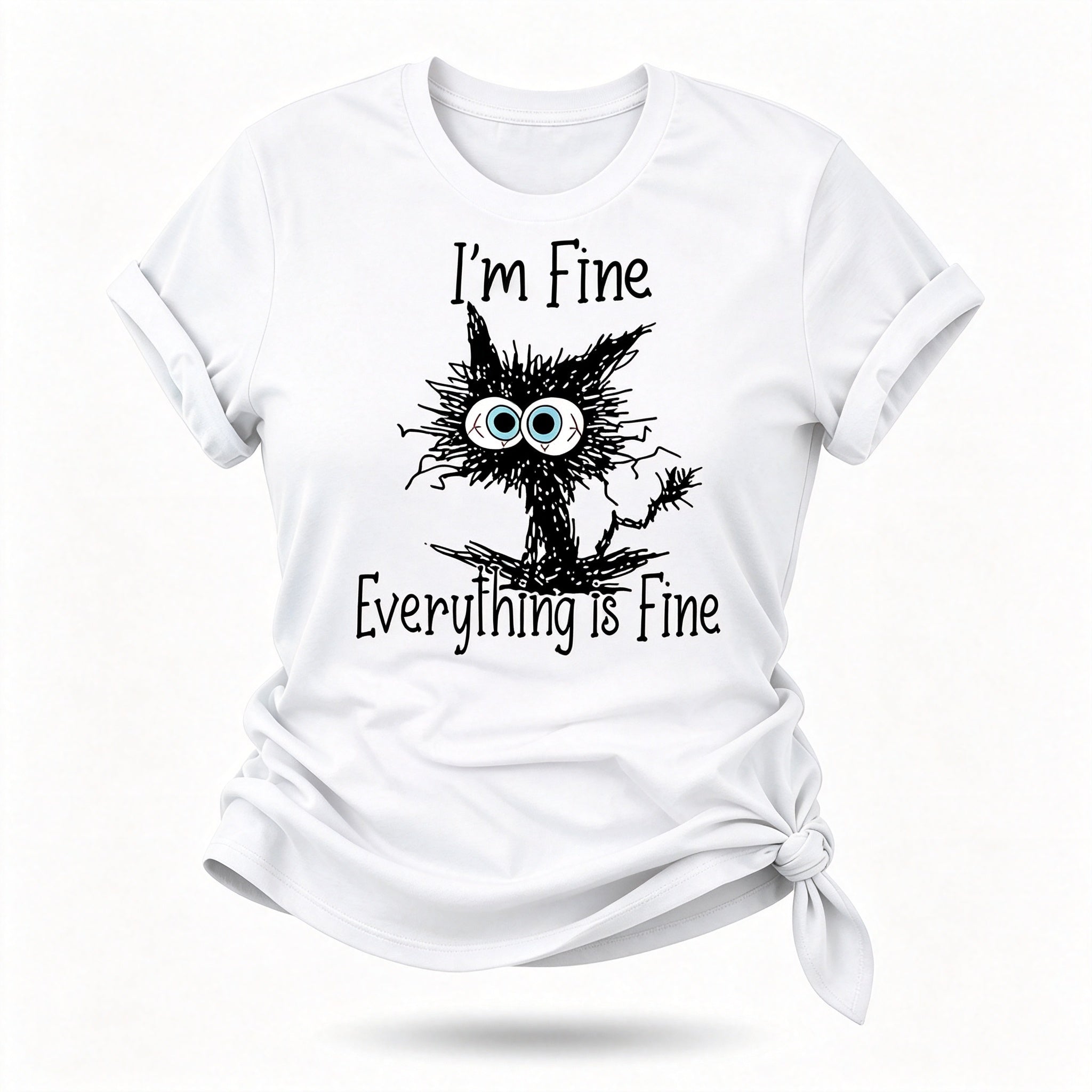 Estou bem, tudo está bem, camiseta feminina com slogan e estampa de gato