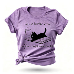 Coffee Cat Book Letter Print Women Slogan T Shirt