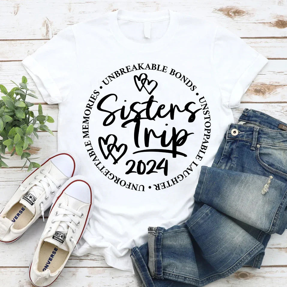 Sisters Trip 2024 Letter Print Women Slogan Plus Size T-Shirt