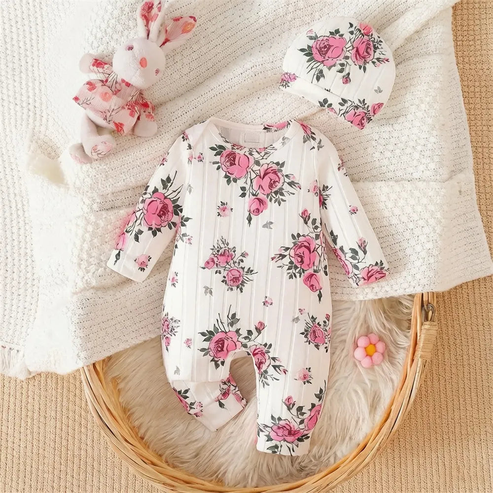 2PCS Classy Floral Printed Long Sleeve Baby Girl Jumpsuit