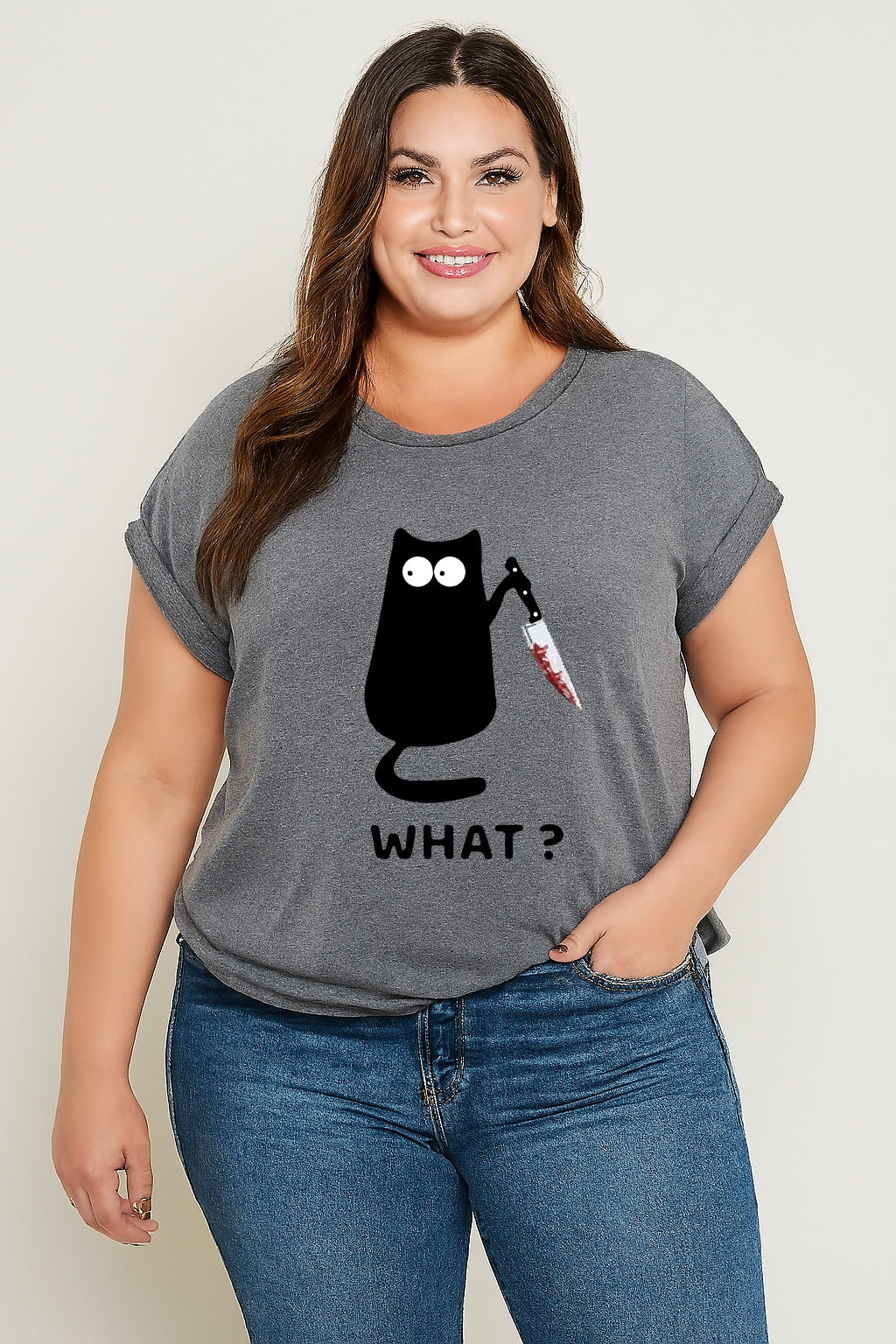 What? Hot Sale Funny Cat Printed Fashion Plus Size T-Shirt
