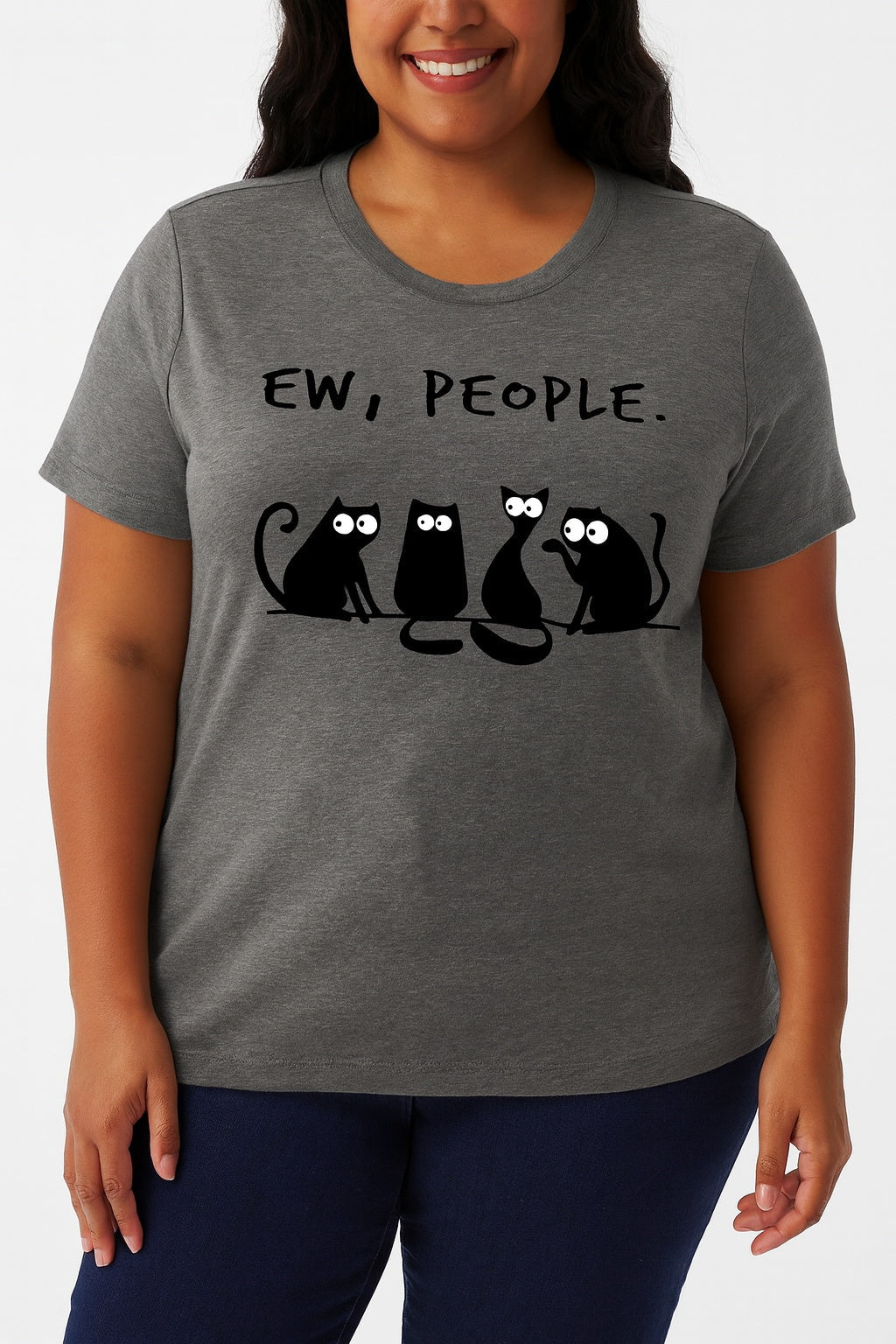 Ew People Cat Cartoon Print Cotton Plus Size T-Shirt