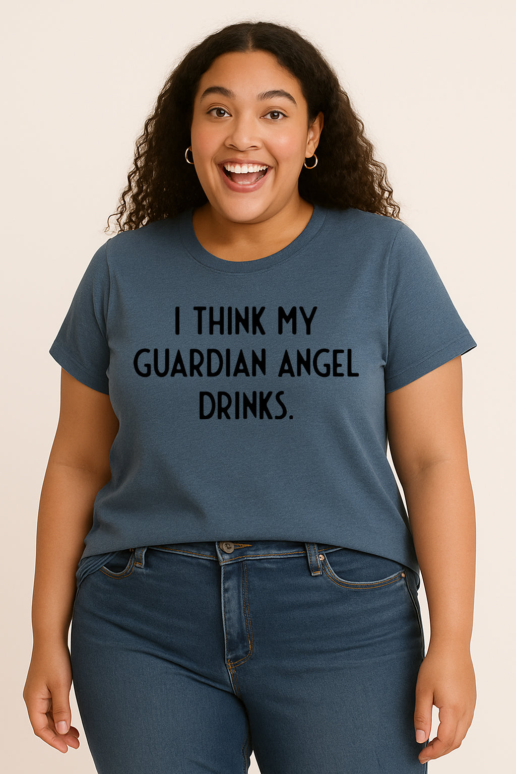 I Think My Guardian Angel Drinks Print Women Slogan Plus Size T-Shirt