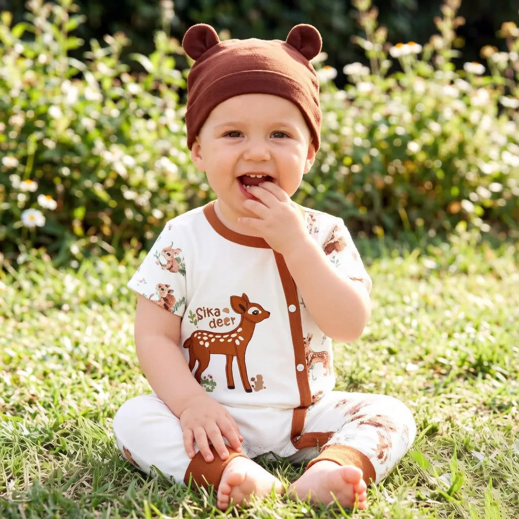 2PCS Cute Sika Deer Printed Short Sleeve Baby Jumpsuit