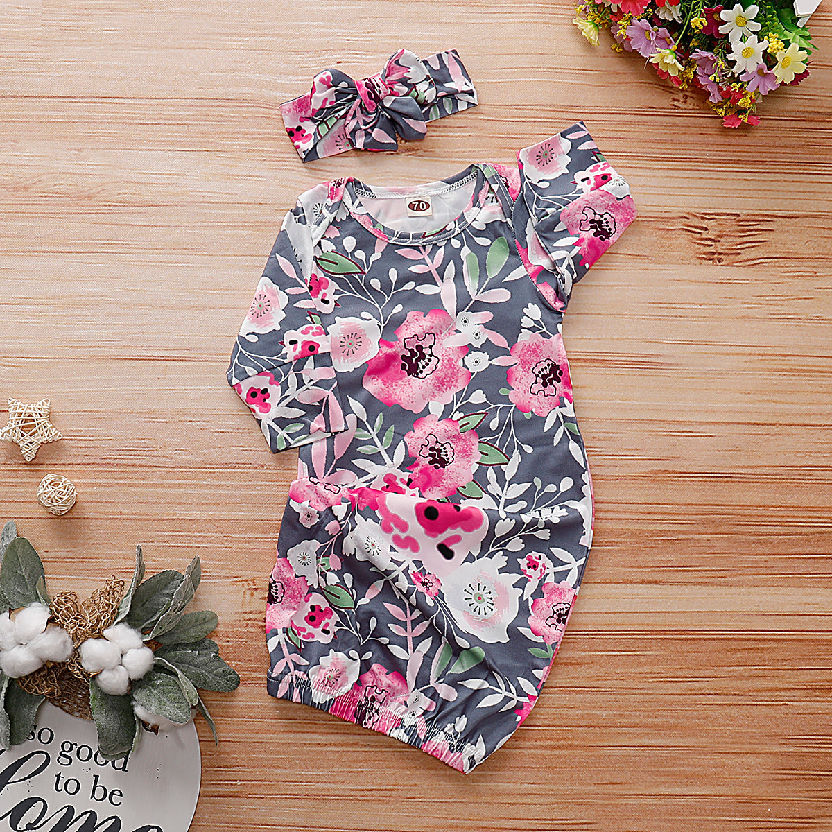 2PCS Baby NewBorn Lovely Floral Print Pajamas and Headband