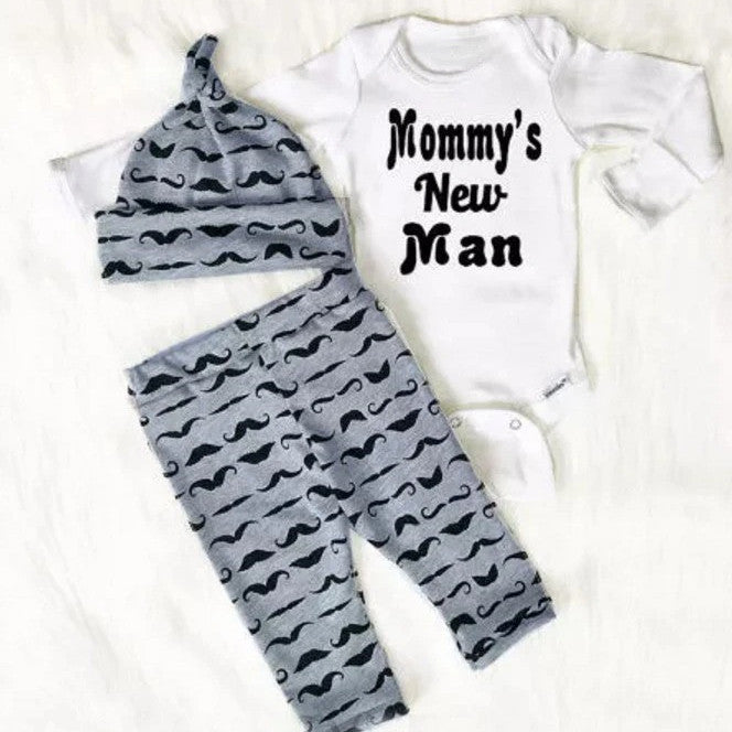 3PCS Baby Boy Mommy's New Man Printed Baby Set