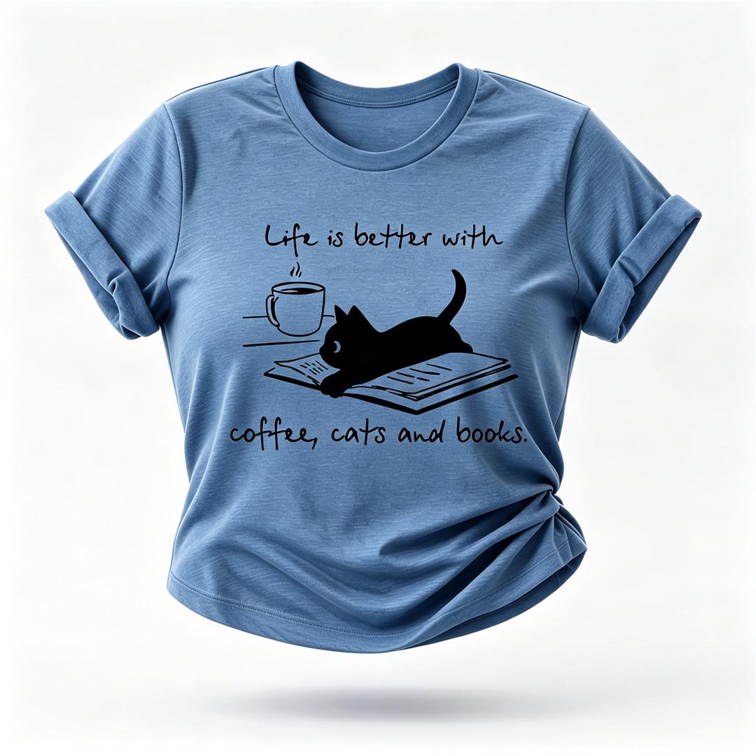 Coffee Cat Book Letter Print Women Slogan T Shirt
