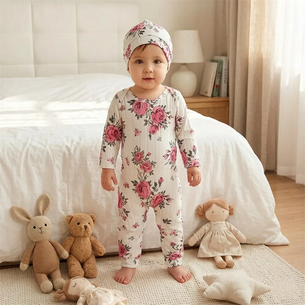 2PCS Classy Floral Printed Long Sleeve Baby Girl Jumpsuit